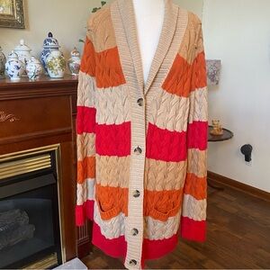 Lands’ End Drifter • Cotton Cable Knit Stripe Cardigan • Size L (14–16)